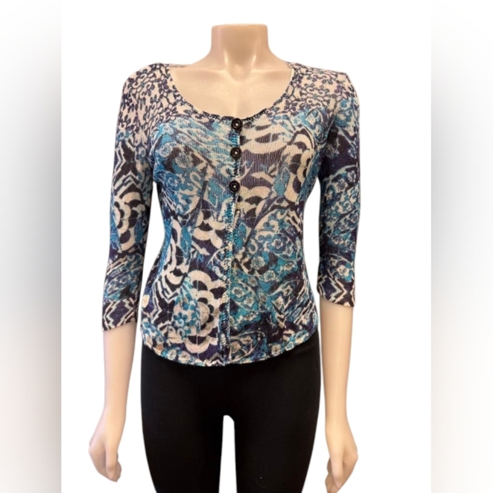 Nic+Zoe Knit Floral Button Down Top Blue/White Size Medium Linen Blend